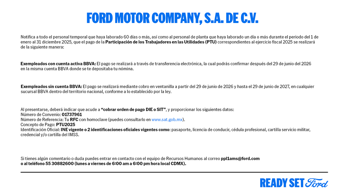 FordMX's tweet photo. Ford de México anuncia a todos sus colaboradores temporales y de planta que podrán iniciar su proceso de pago de la Participación de los Trabajadores en las Utilidades (PTU) a partir del 29 de junio del presente año. Conoce los requisitos para realizar este trámite: https://t.co/BCirejcgbK