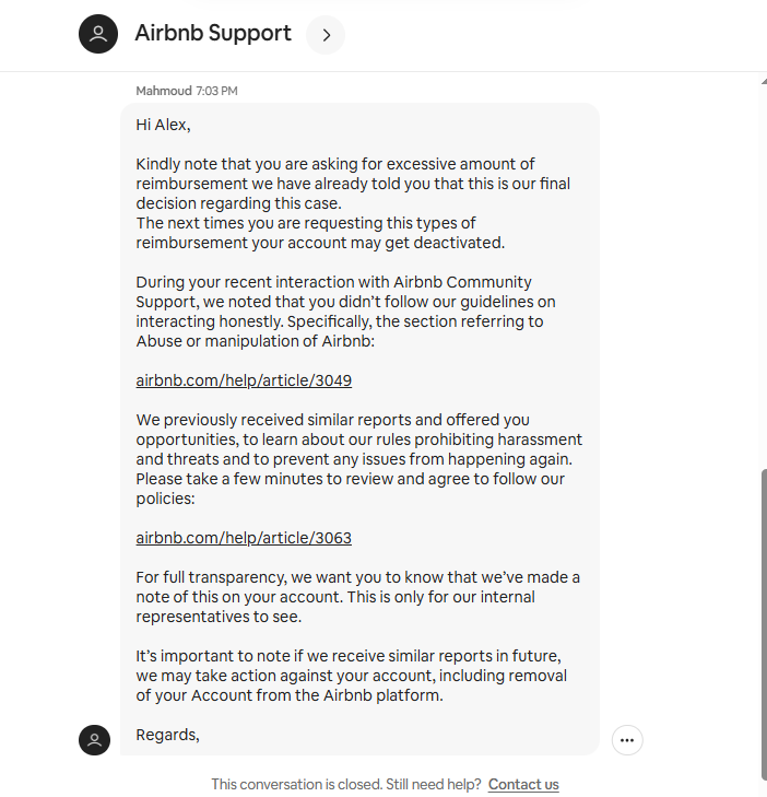 STR_cozy's tweet photo. @Airbnb  I keep receiving warnings from 1 airbnb team of ambassadors that my account may be deactivated for requesting "excessive reimbursement," yet nobody can tell me what that means, or what policy I've violated. Supervisors and simply the case. How is this fair to hosts?! https://t.co/Mcb6zYTpXG