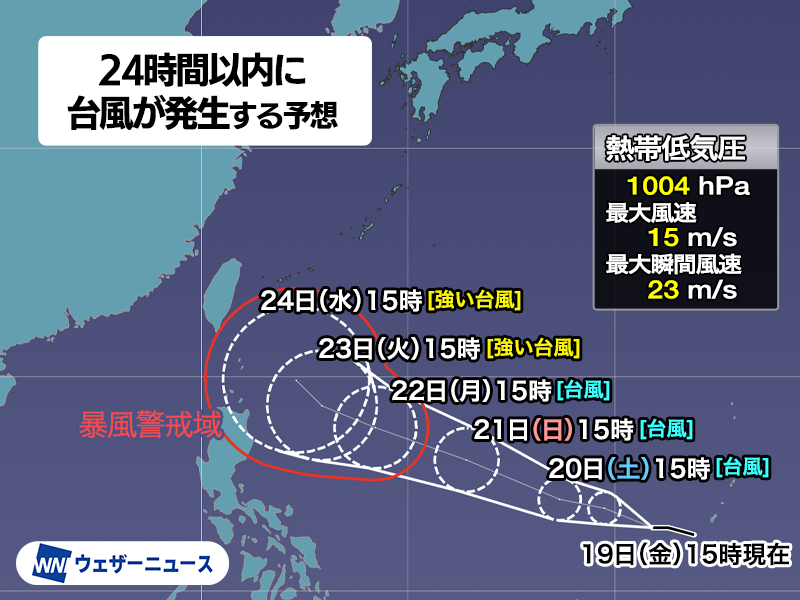 wni_jp's tweet photo. 【台風発生予想】
マリアナ諸島で発達中の熱帯低気圧は今後24時間以内に台風となる予想です。発生すると「台風7号」と呼ばれることになります。
しばらく西寄りに進み、来週は強い勢力まで発達する見込みです。
https://t.co/tLs5xO2WI9 https://t.co/lCHs3HShri