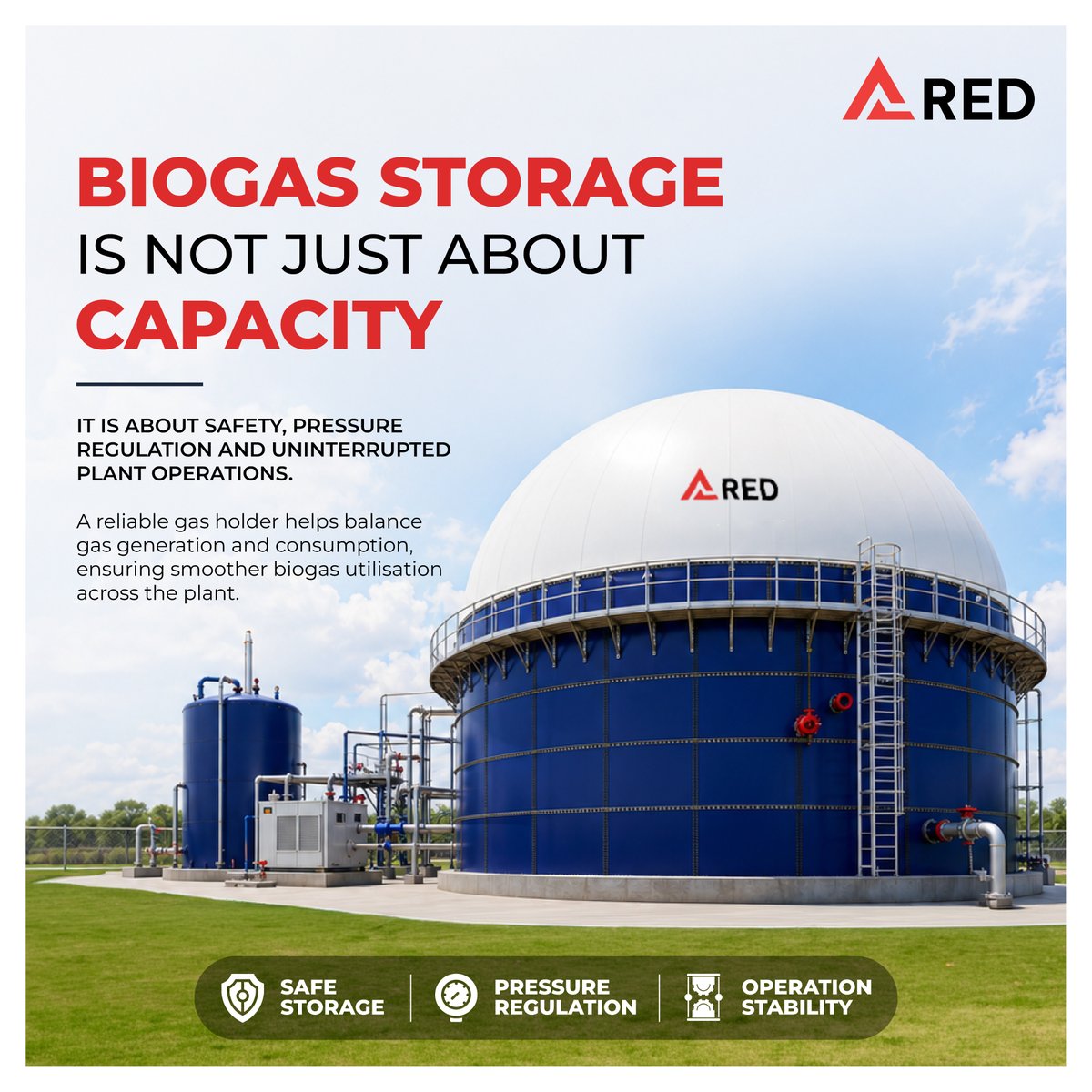REnergyDynamics's tweet photo. Biogas generation is continuous, whereas utilization can vary with plant conditions and demand.

A reliable gas storage system helps manage this variation by maintaining pressure stability and enabling smoother operations.

Built to Hold. Designed to Protect.
#Biogas #CBG https://t.co/7T5zEVsusD