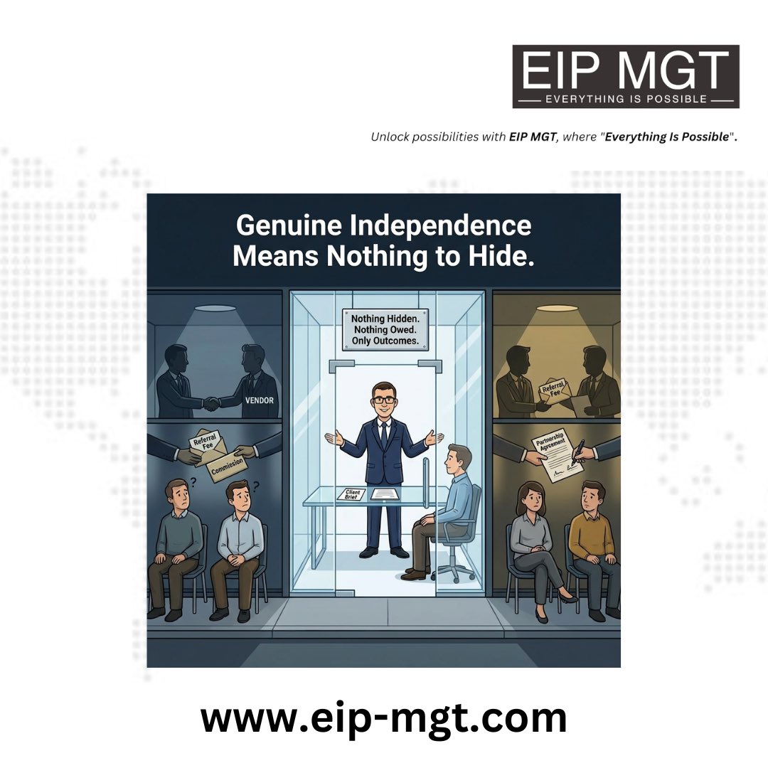 eipmgt's tweet photo. Vendor neutral means one thing: the only metric governing recommendations is the client's outcome. Not a referral. Not a partnership. #EIPMGT #everythingispossible https://t.co/UzkZ20slwo