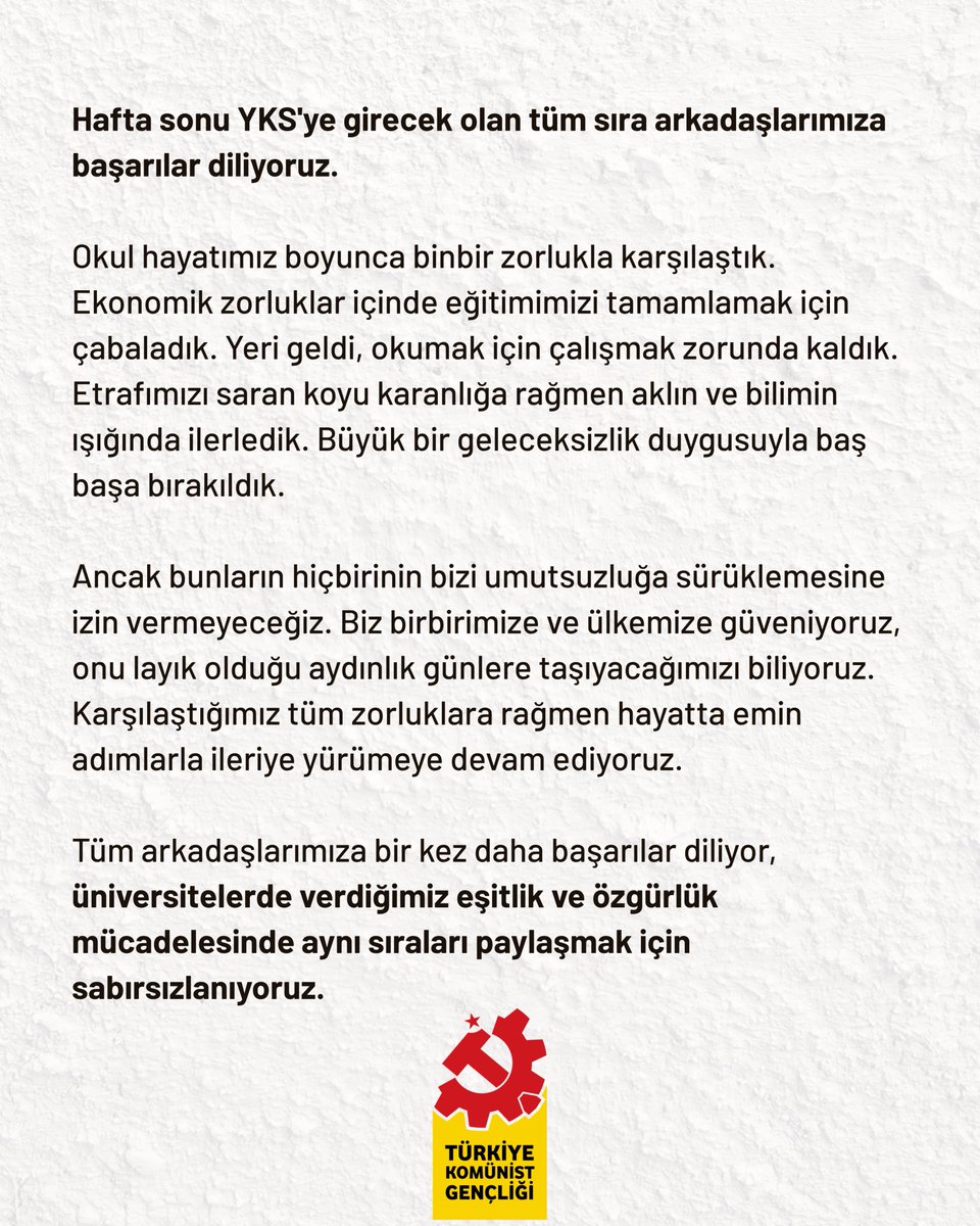 TKGSosyal's tweet photo. Tüm arkadaşlarımıza bir kez daha başarılar diliyor, üniversitelerde verdiğimiz eşitlik ve özgürlük mücadelesinde aynı sıraları paylaşmak için sabırsızlanıyoruz. https://t.co/n0jTpbrb8b