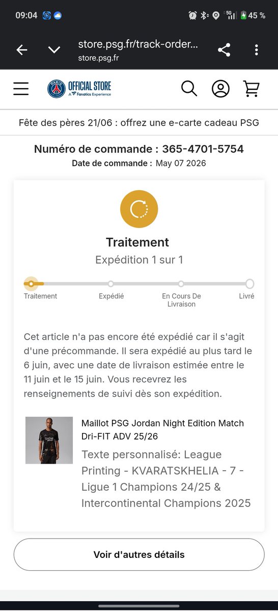 Aiie75's tweet photo. @PSG_inside . c'est normal que depuis le 7 mai j'attends mon maillot que je devrais avoir eu avant la finale de ldc , mais que je n'ai aucune nouvelle de votre part? Bravo le service !! https://t.co/MaajTBhWEs
