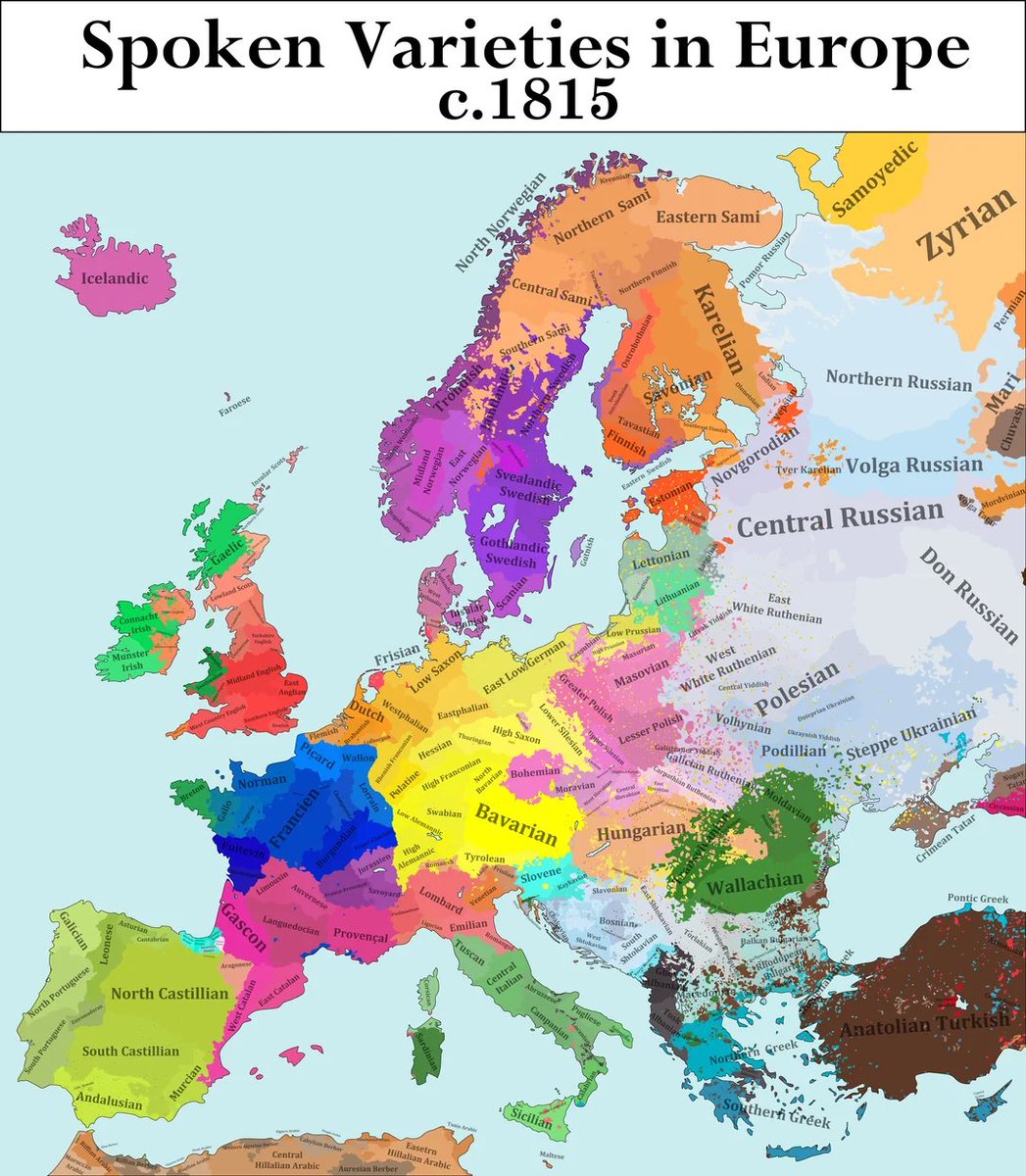 Civixplorer's tweet photo. 🗣️ Spoken varieties in Europe circa 1815. https://t.co/VqGS5Dgvyu