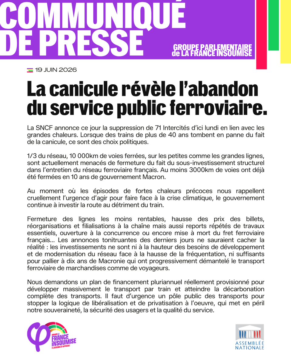 FiAssemblee's tweet photo. 🔴📄 La canicule révèle l’abandon du service public ferroviaire.

Nous demandons un pôle public des transports ainsi qu'un plan de financement pluriannuel pour développer massivement le transport par train et atteindre la décarbonation complète des transports. https://t.co/gywjJJ4ZUT