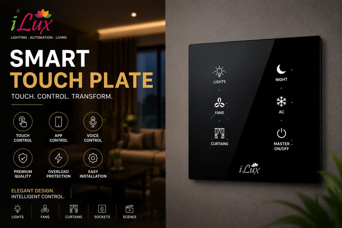 ElectricalsIlux's tweet photo. Still using ordinary switches?

Upgrade to the iLux Smart Touch Plate.

📱 Smart Control
🏠 Modern Automation
⚡ Premium Performance

Smart control at your fingertips.

#iLux #SmartTouchPlate #SmartHome #HomeAutomation #SmartLiving https://t.co/syykERSRgv
