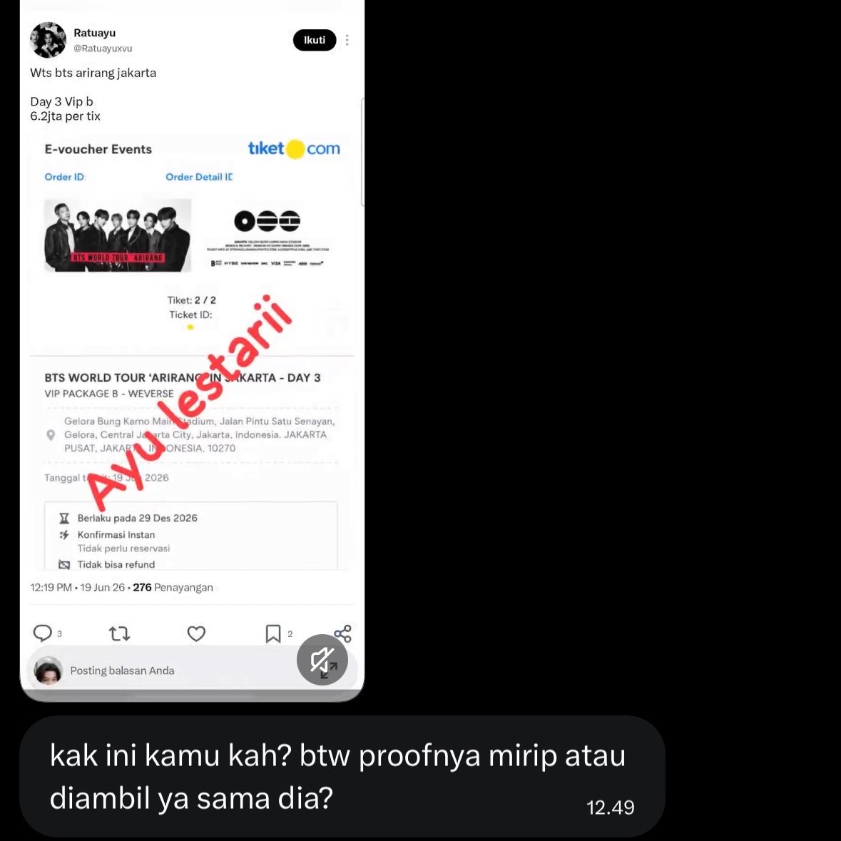 hancoce's tweet photo. hello! #armybantuarmy
penipu ya loo @Ratuayuxvu :-) help report dan jangan beli dari dia yaa itu pakai proof aku, bukan team aku. 

open jasa war. ticketing assistance. ticketing services “BTS World Tour: ARIRANG” Jakarta, additional day 3 https://t.co/GuUCQUrFsA