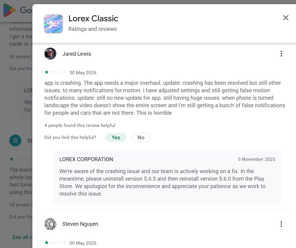 FlirLor's tweet photo. Avoid Lorex due to comment of Google-Play👎👎 {TR May 18, 2026 takes a while to load... instantly click on motion notification and by the time it loads I've missed the person... connection is not issue as Rout...n answers... please fix}👎(Conclusion=>Lorex Sucks Rated)560.3.453 https://t.co/INTcvf99Pi