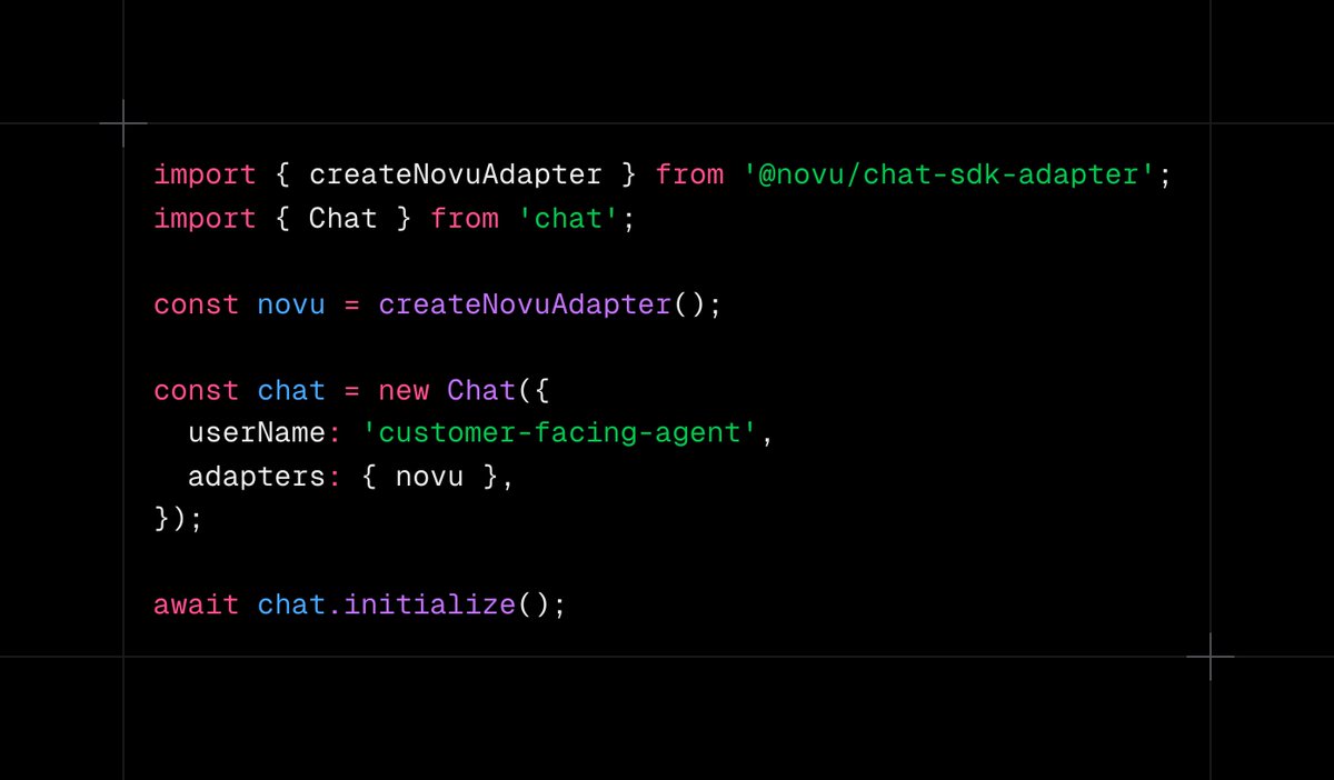 novuhq's tweet photo. Novu now has an official Chat-SDK adapter! ✨

Connect your existing chat agents to Novu for a seamless user experience across all channels. Enjoy unified user identities, one-click channel setup components, an integrated agent email inbox, and the full capabilities of the Novu multi-channel platform.

https://t.co/Yayx1mw9a3