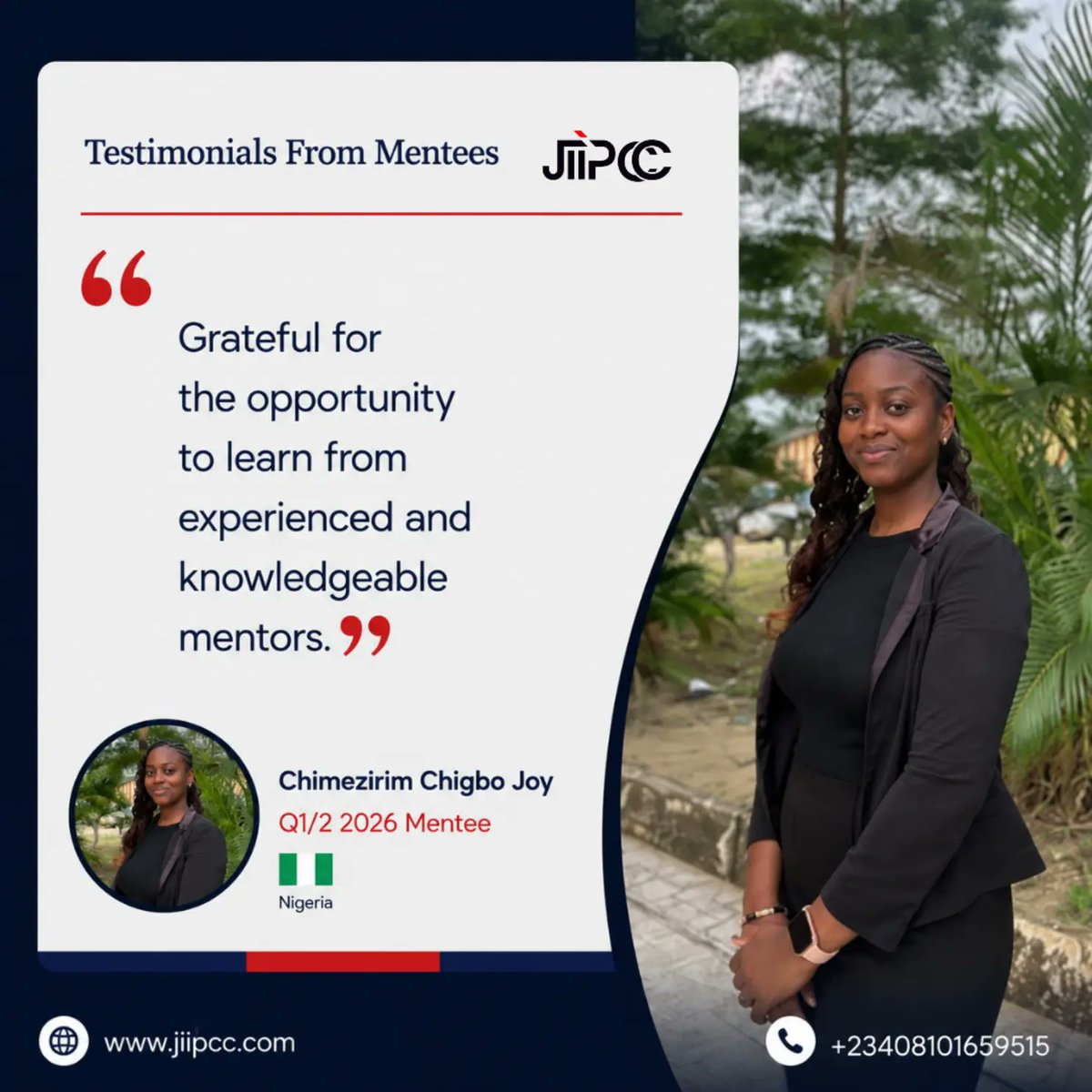 JIIPCC's tweet photo. Our Mentee Testimonial❤️

In the last 5 years, JIIPCC has empowered 2,000+ students and young professionals across 10+ African countries.

Ready to join the 2027 cohort?
🔗 https://t.co/Uwfksh421h

To Register for the JIIPCC Self Study Courses: https://t.co/4kXDx0S37x

#JIIPCC https://t.co/VsSefE1pq0