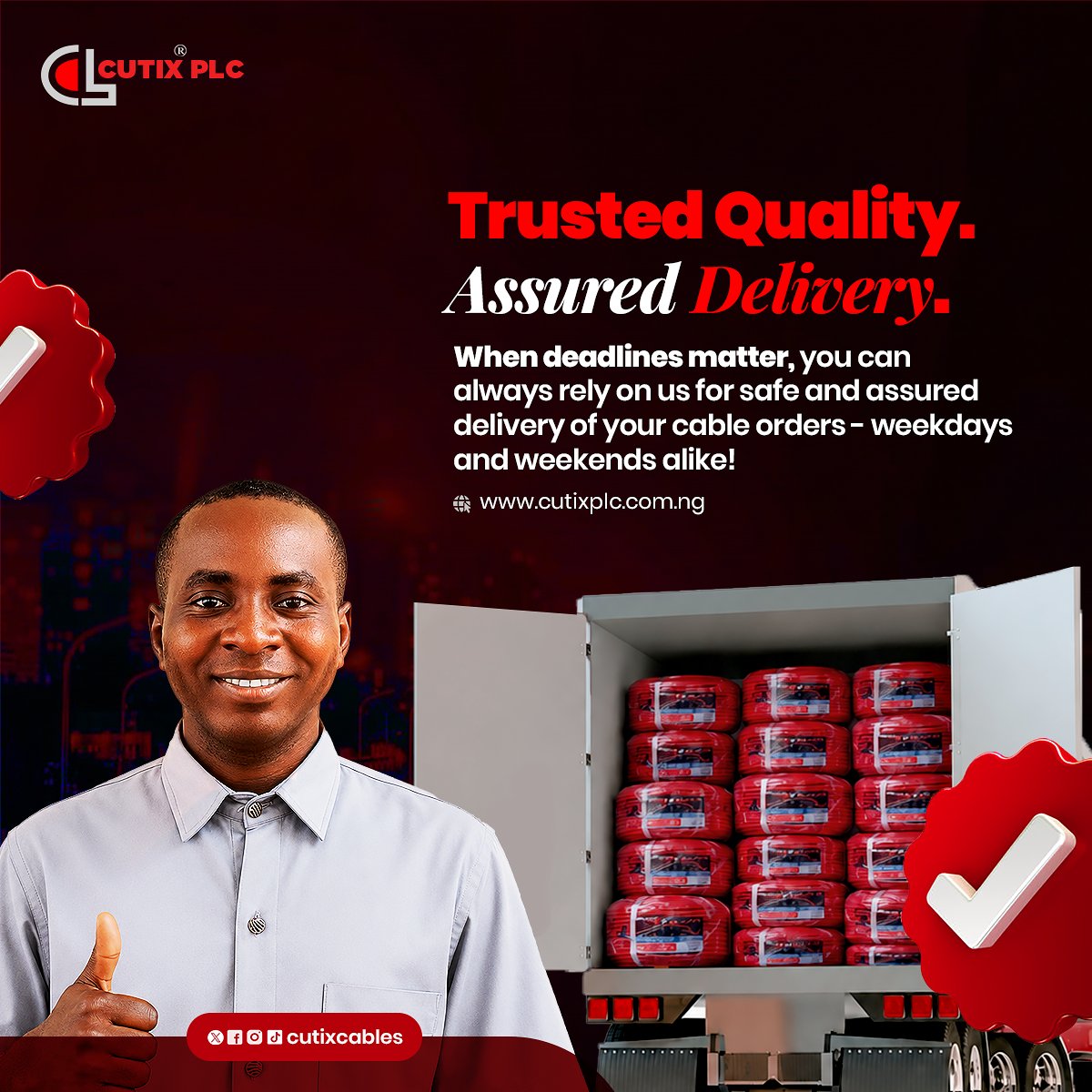 Cutixcables's tweet photo. Weekend or not, we're on the move!

Trusted Quality. Assured Delivery.

Need your cable orders delivered safely? Count on us for reliable and hassle-free delivery, every weekend and every weekday.

For more info:
☎️: +2347046236426
📧: info@cutixplc.com.ng

#HappyWeekend #SafeDelivery #CutixPlc #CutixCables