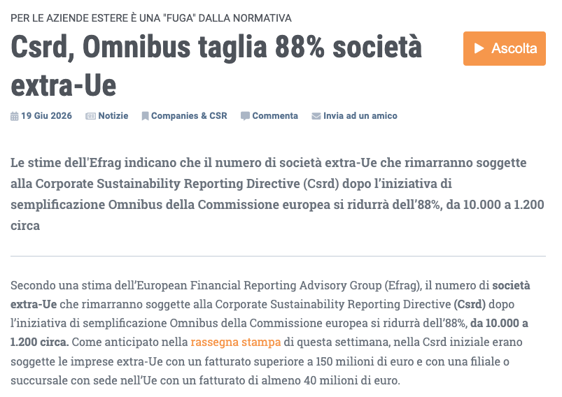 ETicaNews's tweet photo. 🌎 Csrd, Omnibus taglia 88% società extra-Ue
📰 Leggi l'articolo sul nostro sito: https://t.co/gV4LnXLUAr
#Csrd #Omnibus #efrag @EU_Commission https://t.co/Tco6FZIB9R