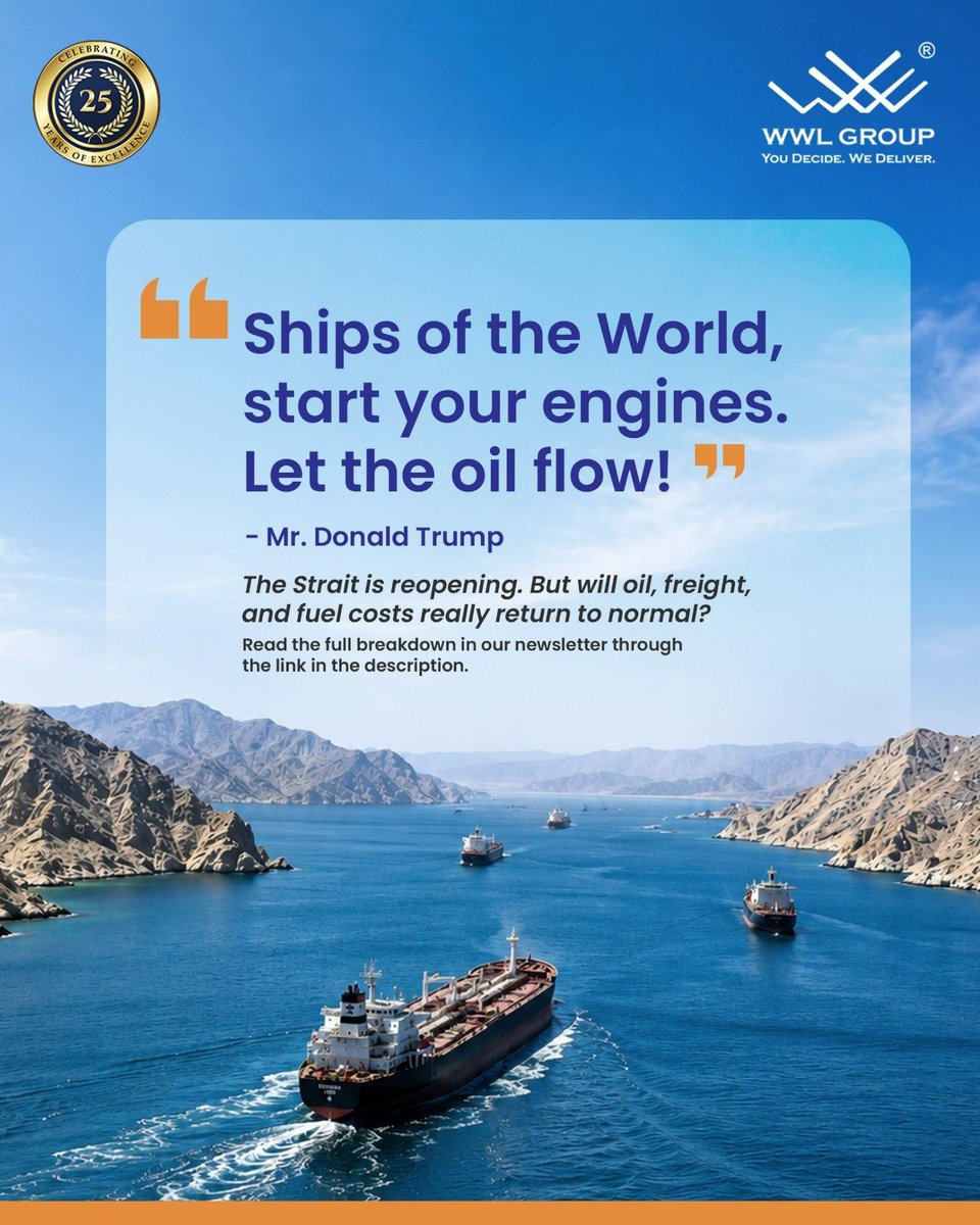WWL_Group's tweet photo. "Ships of the World, start your engines. Let the oil flow!"

The Strait of Hormuz is reopening. 
Oil is falling. 
Markets are celebrating. 

But 800+ tankers are still stuck. 
Wells are still capped. 

And India already paid the bill: $174.9 billion in crude imports, a record-low rupee, and petrol at Rs 97.77. 
The deal is confirmed. 

The cost is not reversed. Does reopening actually bring your costs back to normal? 
We answered that in our latest newsletter. 
Read it through the link in our bio. 

#Hormuz #OilPrices #SupplyChain #Logistics #India