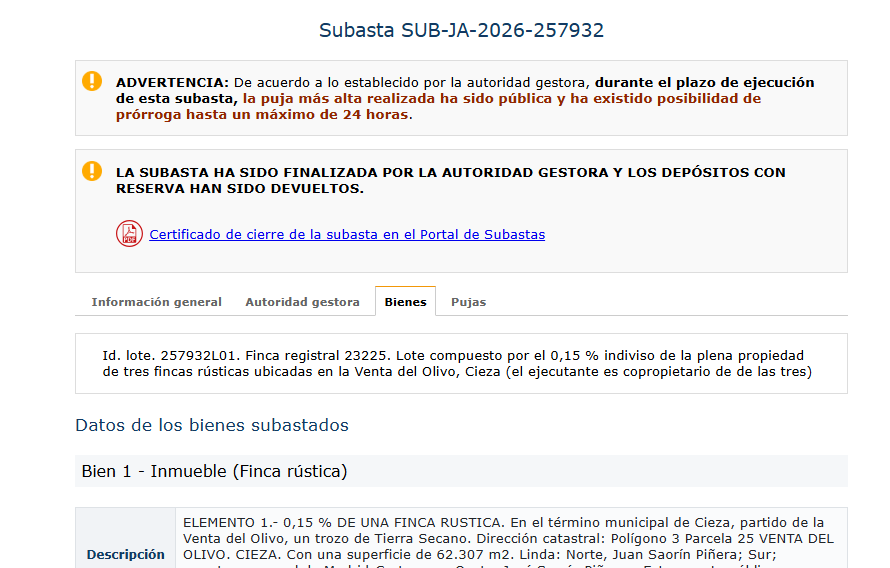 subastas_murcia's tweet photo. ✅ ❗️Cuidado con las #subastas de partes indivisas❗️
Terminó la #subasta id. 257932.
❗️Subastamos el 0,15% de la propiedad de 150.000 m2 rústicos en #Cieza❗️
➡️ Valor: 561,75 €
🙋♀️ Pujas hasta 16.000 € por ese 0,15% (29 veces su valor)⤵️
🧐 Y no lo vemos descabellado... https://t.co/GiCZg3SB1O