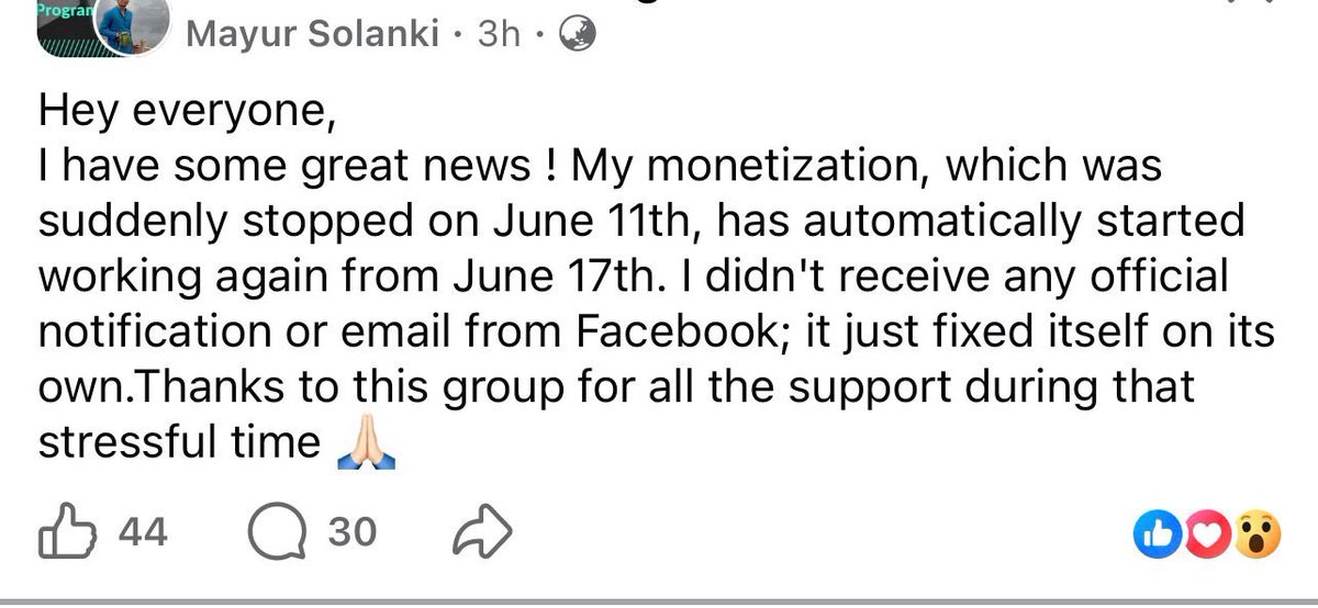 Facebook page showing monetization recommendations restored after six-day outage with no communication from Meta