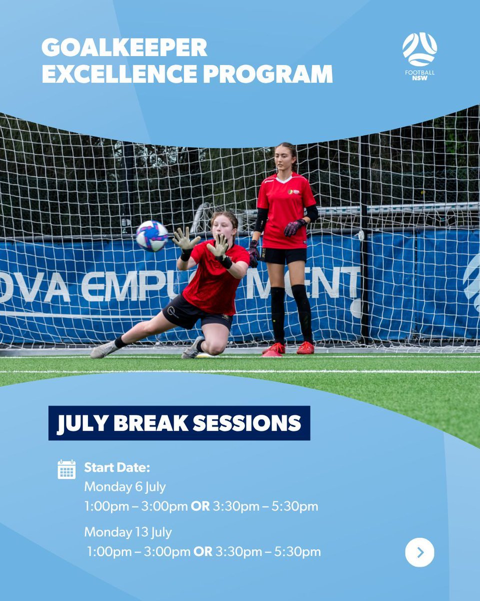 footballnsw's tweet photo. July Break Sessions🧤 

Keep developing over the July school break with our specialised Goalkeeper Excellence Program Break Sessions.

👉 Register here: https://t.co/vvWlW31PDa https://t.co/nRNG778RZM