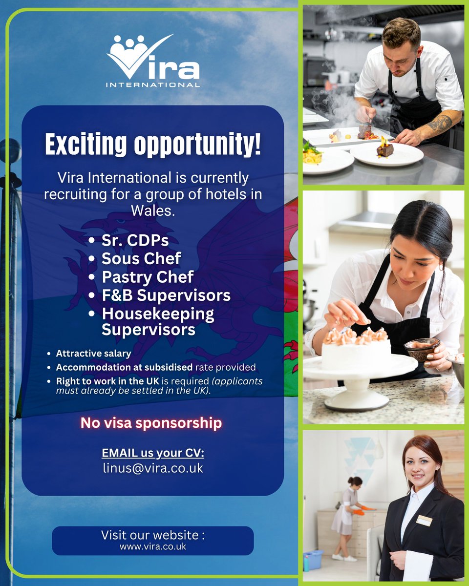 ViraUK's tweet photo. CHEF & HOSPITALITY ROLES IN WALES!

Are you a hospitality professional already based in the UK and looking for your next career move? Vira International is currently recruiting for a fantastic group of hotels in beautiful Wales!

We are looking for talented, passionate individuals to fill the following roles:
Sr. CDPs
Sous Chef
Pastry Chef
F&B Supervisors
Housekeeping Supervisors

What’s on offer?
Attractive salary
Accommodation provided at a subsidised rate

Please note: Candidates MUST have the Right to Work in the UK (already settled). 
No visa sponsorship is available for these roles.

HOW TO APPLY:
Ready to take the next step? Send your CV directly to linus@vira.co.uk or visit our website at https://t.co/PJxJqWsJFn for more details.

#ViraUK #HospitalityJobs #UKJobs #ChefJobsUK #WalesJobs #SousChefJobs #PastryChef #Cheflife #FoodAndBeverage #HousekeepingSupervisor #HiringNowUK #HospitalityRecruitment #UKHospitality #ChefVacancy