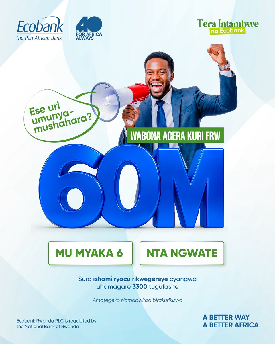 EcobankRW's tweet photo. 🚨We've been working on something for salary earners...
And it's finally here.

We've just unlocked a new way to help you take bigger steps. Get up to FRW 60 Million at a discounted interest rate, with no collateral and repay in 6 years.

#TeraIntambwe #EcobankRW #AbetterWay https://t.co/tHLPzxrDQj