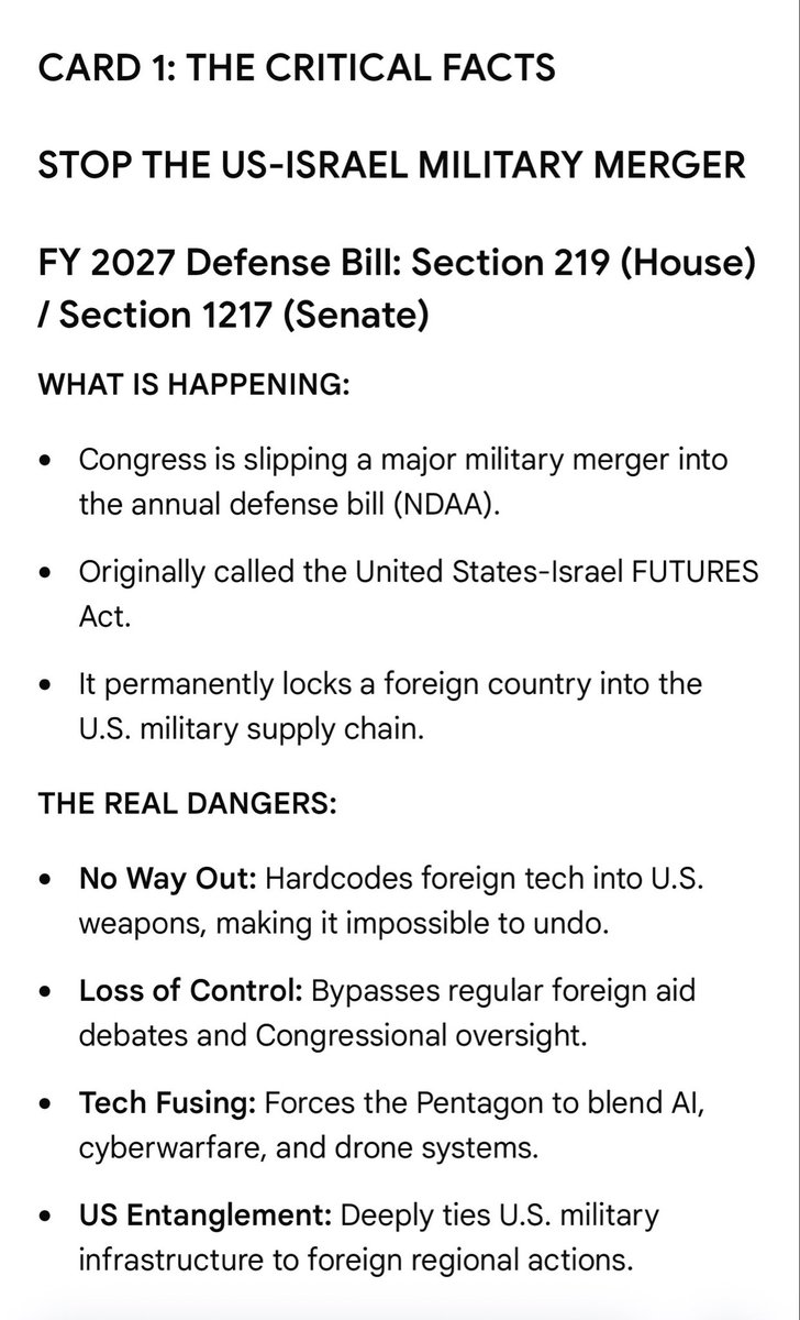 JasonMilli8523's tweet photo. @ShadowofEzra Congress is trying to permanently lock a foreign nation into our military supply chain through the FY 2027 defense bill (NDAA Sec. 219/1217). This compromises US military independence and oversight. Swipe to see the facts and how to stop it. 🧵👇 #NDAA #StopTheMerge https://t.co/lSuNotkIiR