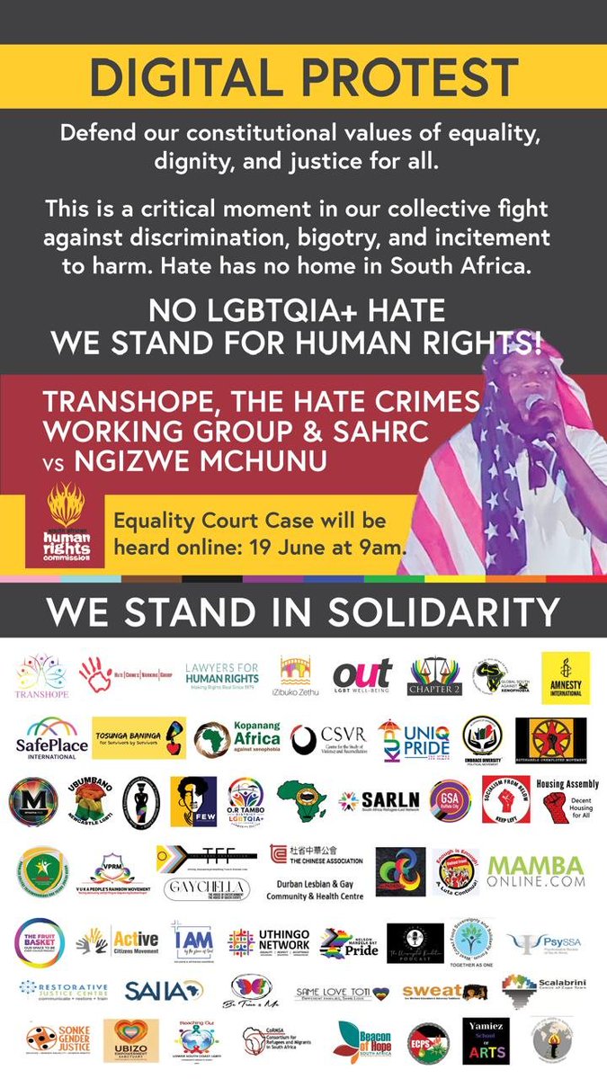 Mambaonline's tweet photo. MambaOnline stands in solidarity with Transhope, the Hate Crimes Working Group, the South African Human Rights Commission, and the more than 50 organisations supporting today's Equality Court case against Ngizwe Mchunu.

Hate has no place in our democracy. 

#StopMchunu https://t.co/SDHS5rukzc