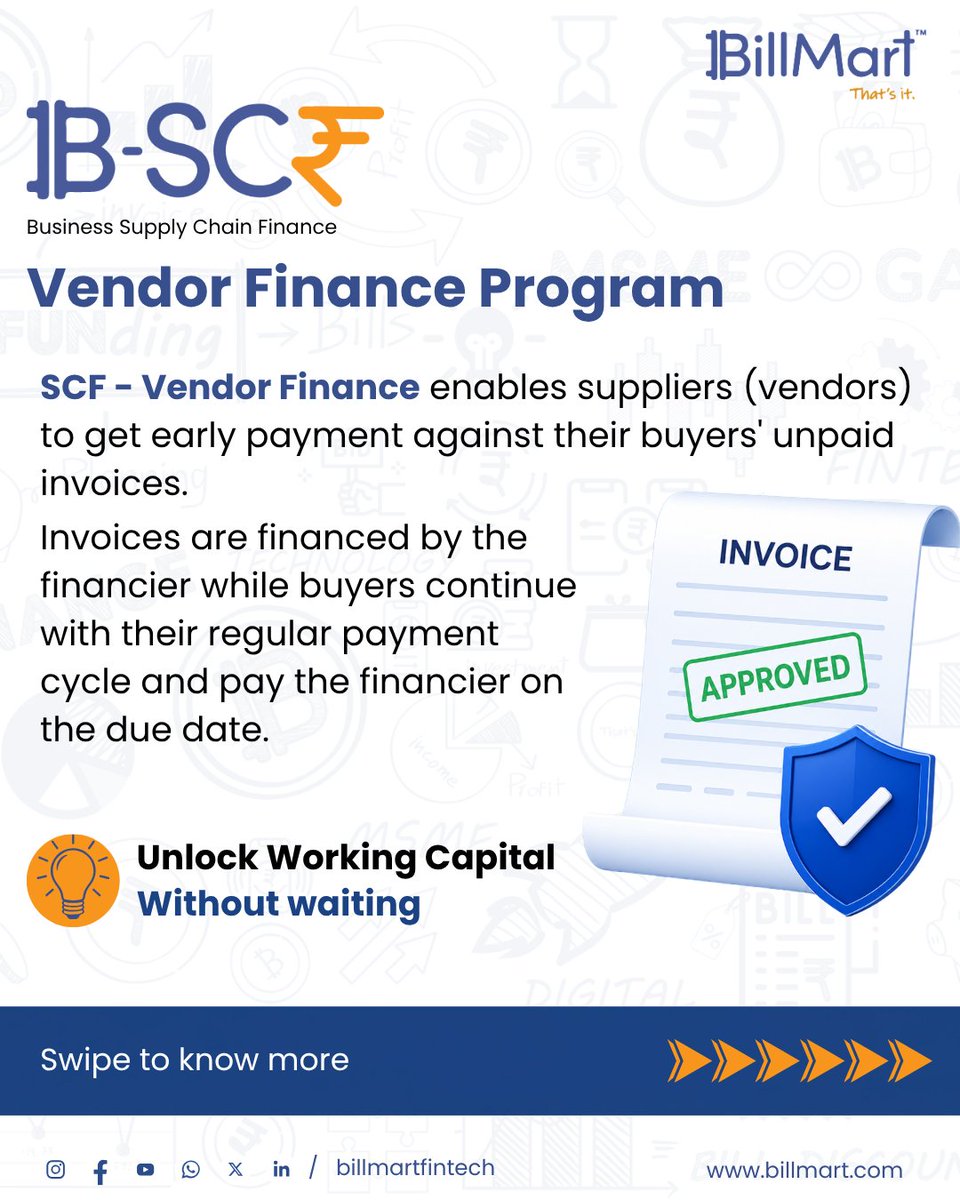BillMartFinTech's tweet photo. Most businesses wait 30, 60, or 90 days for payments.
With BillMart’s B-SCF Vendor Finance Program, suppliers can unlock early payment against approved invoices and keep cash flow moving. Turn unpaid invoices into working capital.
#VendorFinance #SCF #WorkingCapital #MSMEFinance https://t.co/Oq4UVLchLO