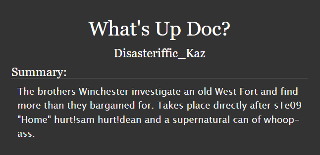 spnficrec's tweet photo. fic of the day: what's up doc?
https://t.co/bZr7vdftdq
words: 17.5k
pairings: none listed
rating: teen and up audiences
warnings: graphic depictions of violence
status: complete https://t.co/ung7XPCH7q