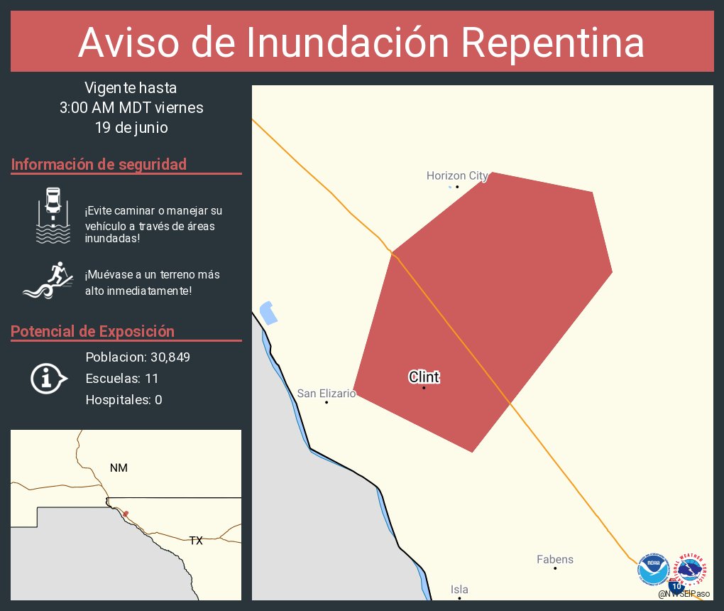 NWSElPaso's tweet photo. Aviso de Inundación Repentina continúa Clint TX hasta las 3:00 AM MDT https://t.co/ideLojdrmo