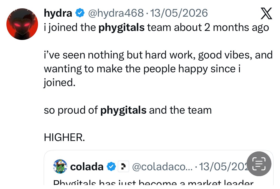 lappelduvideeth's tweet photo. Just got kicked from the @phygitals discord for sending these screenshots lol 

This was in response to @coladacodes saying that Hydra was never an employee. 

(If you’re wondering why that’s relevant, it’s because they’re trying to wash their hands of a bundled rug retweeted from their official account)

I think it’s pretty reasonable to challenge statements which appear to be factually untrue - particularly when Phygitals has a long history of obfuscation and deflection- but Colada clearly disagrees as he’s previously deleted a lot of my comments which challenged the official Phygitals line. 

Generally it’s a *very* bad sign for a project when they start quietly removing high volume users (with an *active collector* role) from their discord instead of listening to questions / feedback. 

FWIW, if you’re still interested in Phygitals (for some reason..)  I have a v long article in my drafts, covering a lot of things, which I’ll publish next week. 

As I no longer have a voice in the discord to keep Phygitals honest, I’ll have to try to do in public. Suffice to say, think it’s important for the TCG industry as a whole that users of any gacha site aren’t taken advantage of, misled or lied to.