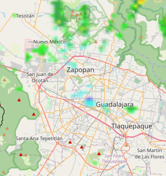 RadarDopplerUdG's tweet photo. El Radar Doppler empieza a registrar #llovizna por #ArcosVallarta y Prados Providencia, #lluvia ligera por #CUCEI, y al Norte de Zapopan: #Base Aerea, #Los Molinos y #SanEsteban. https://t.co/GGMBS2LKAb