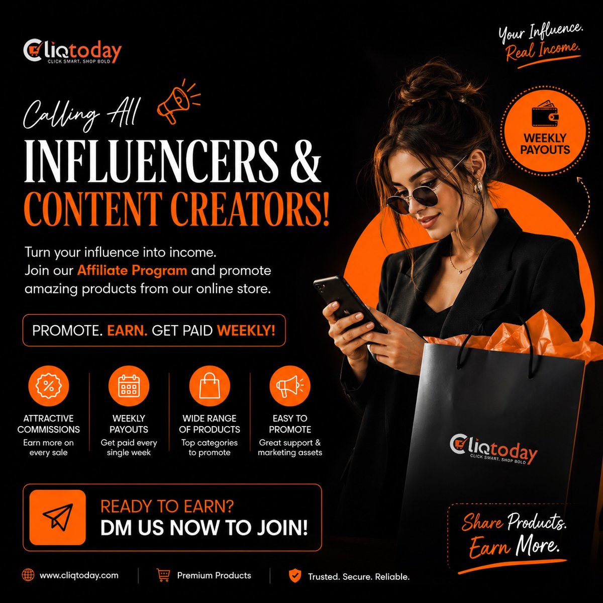 CliqToday's tweet photo. 🌟Turn your influence into income! 💸

Join our Affiliate Program and promote exciting products from our online store. 
Earn attractive commissions on every successful sale!

📩 DM us now to join our Affiliate Program.

#afﬁliatemarketing #ᴄᴏɴᴛᴇɴᴛᴄʀᴇᴀᴛᴏʀ https://t.co/t54L4YuTqM