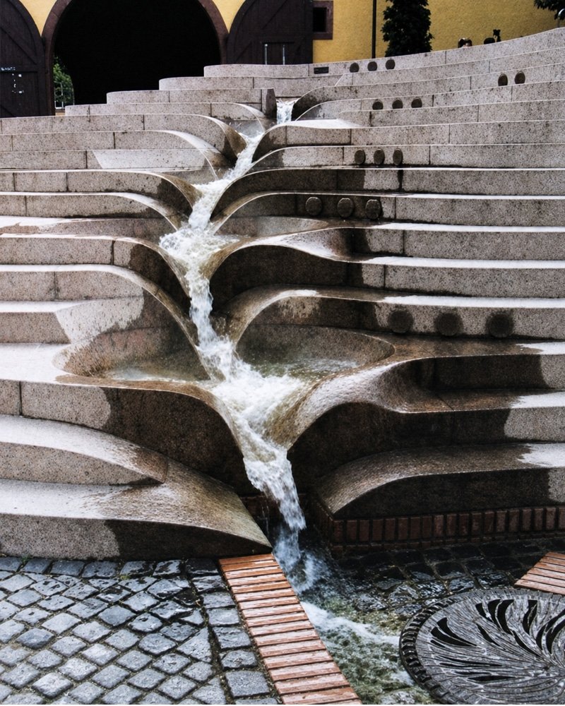 arcpresentation's tweet photo. A staircase with its own waterfall. In Oberhaching, Bavaria, this public water feature turns a simple set of stone steps into a small urban cascade — with water flowing through sculpted, leaf-like channels built directly into the staircase. https://t.co/RXz81dzTUq