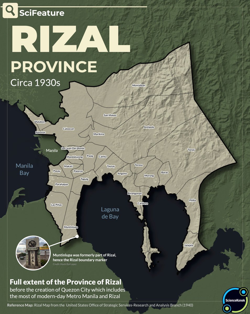 sciencekonek's tweet photo. #SciFeature 𝗥𝗜𝗭𝗔𝗟 𝗣𝗥𝗢𝗩𝗜𝗡𝗖𝗘 𝗜𝗡 𝗧𝗛𝗘 𝟭𝟵𝟯𝟬𝘀 

Ever wondered why there's a Rizal boundary marker in Muntinlupa? As we commemorate the birth anniversary of Dr. Jose Rizal today, let's once again take a look at the might province of Rizal in the 1930s. 

In the early 20th century, Rizal once covered a vast area stretching from the slopes of Sierra Madre to the shores of Manila Bay, surrounding the City of Manila. 

On June 11, 1901, the Province of Rizal was officially created through Act No. 137 of the First Philippine Commission. It was named after Dr. Jose Rizal.

The province was formed from 32 municipalities taken from the former Province of Manila and the Politico-Military District of Morong. Pasig served as the provincial capital, although San Felipe Neri (now Mandaluyong) briefly became the seat of government in 1904.

Over the years, Rizal’s boundaries changed as municipalities were merged, transferred, or reorganized. Some towns, such as Bosoboso and Novaliches, were absorbed by neighboring municipalities, while Muntinlupa temporarily became part of Laguna before returning to Rizal.

A major milestone came in 1939 with the establishment of Quezon City, which incorporated portions of Caloocan, Marikina, Pasig, and San Juan. 

Rizal underwent its most significant transformation on November 7, 1975, when Metropolitan Manila was created through Presidential Decree No. 824. Several municipalities and cities were separated to form the new region. 

The remaining towns continued as the Province of Rizal, shaping the province we know today. #Rizal 

Read more: https://t.co/PecJln73dZ
