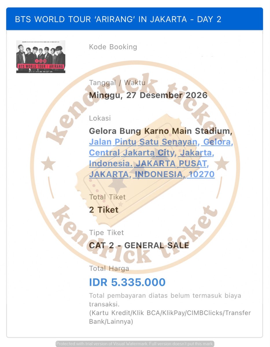kendrickticket's tweet photo. BTS WORLD TOUR ARIRANG Jakarta - Gensale
Secured 6 tix 
4 x VIP A Day 1
2 x Cat 2 Day 2 https://t.co/0QcYRBDeoW