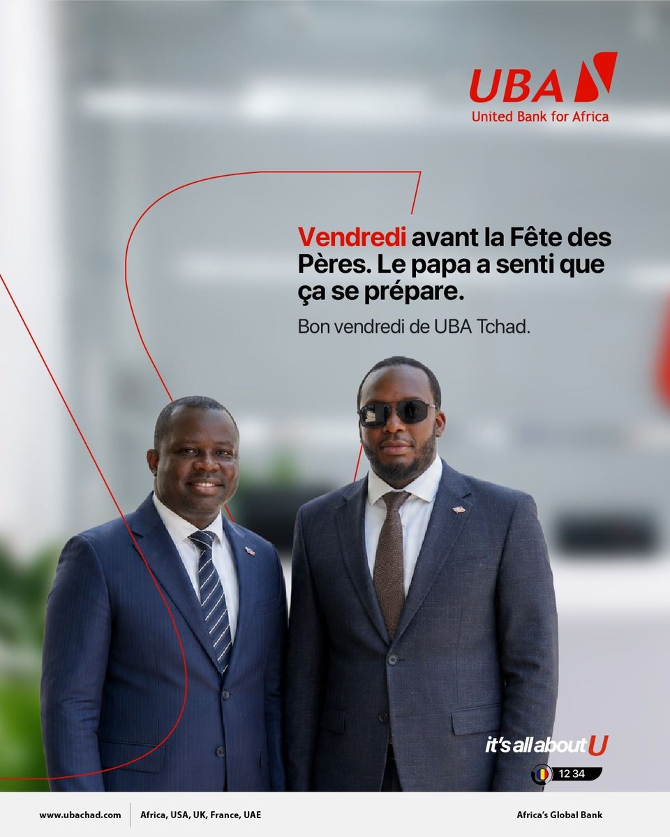 UBATchad's tweet photo. Toute l'équipe UBA Tchad vous souhaite un excellent week-end. Et un grand merci à tous les papas qui font le boulot, en silence, depuis toujours.
#BonVendredi   #UBATchad   #ItsAllAboutU   #UBACestToi https://t.co/k9KN81x5ct