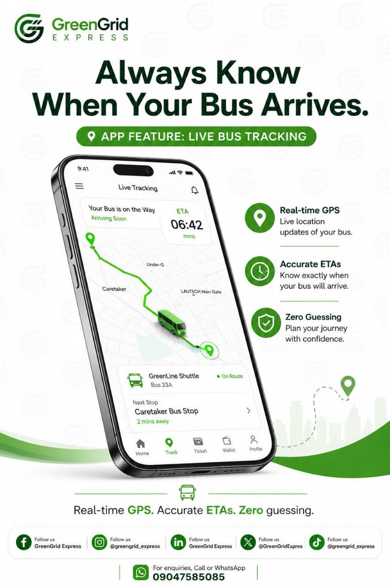 GreenGridExpres's tweet photo. Imagine knowing your bus is 4 minutes away before leaving home. 🚍📍 Real-time tracking. No more long waits or guessing. GreenGrid Express—coming soon. Follow us! 🟢 #GreenGridExpress #NigeriaApp https://t.co/MNCQO01eJn