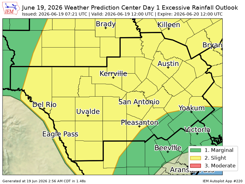 iembot_ewx's tweet photo. WPC issues Day 1 Slight Risk Excessive Rainfall Outlook at Jun 19, 7:21z for EWX https://t.co/vqFaNbyCYT https://t.co/MkRCpb35t9