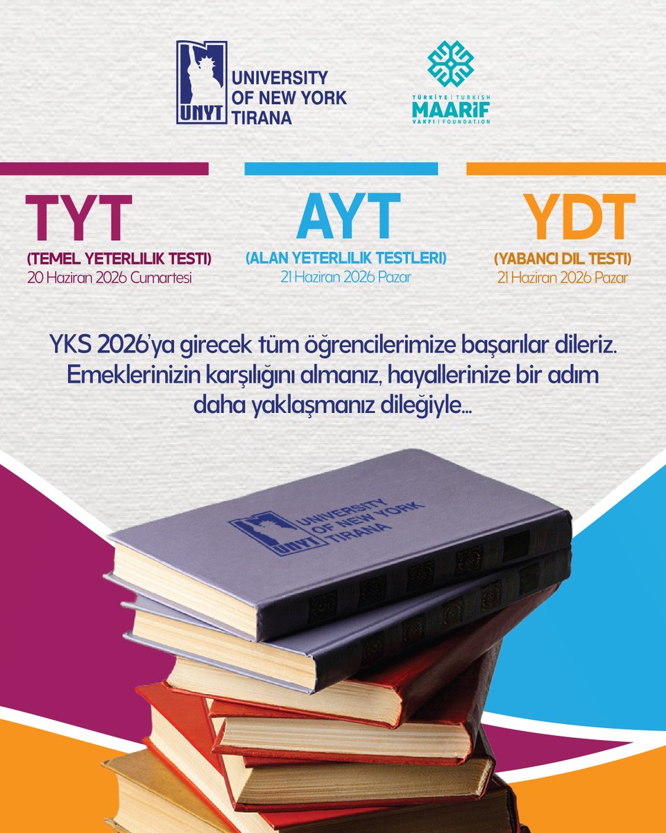 UNYT_Official's tweet photo. YKS’ye Girecek Tüm Öğrencilerimize Başarılar Diliyoruz!

Yükseköğretim Kurumları Sınavı’na (YKS) katılacak tüm öğrencilerimize başarılar diliyor, emeklerinin karşılığını almalarını temenni ediyoruz.

Bu önemli sınavın, hedeflerinize ulaşmanız ve hayalini kurduğunuz geleceğe bir adım daha yaklaşmanız için güzel sonuçlar getirmesini dileriz.

Tüm adaylara başarılar! 

---

We Would Like to Wish Success to All Students Taking the YKS Examination!

We would like to wish every student participating in the Higher Education Institutions Examination (YKS) the very best of success and hope that your hard work and dedication are rewarded.

May this important examination bring you one step closer to your goals and the future you aspire to achieve.

We wish all candidates the very best of luck and success!

🗽 University of New York Tirana

𝙀𝙙𝙪𝙘𝙖𝙩𝙞𝙣𝙜 𝙏𝙤𝙢𝙤𝙧𝙧𝙤𝙬’𝙨 𝙇𝙚𝙖𝙙𝙚𝙧𝙨!

#UNYT #MaarifUniversities #MaarifAlbania #InternationalStudents