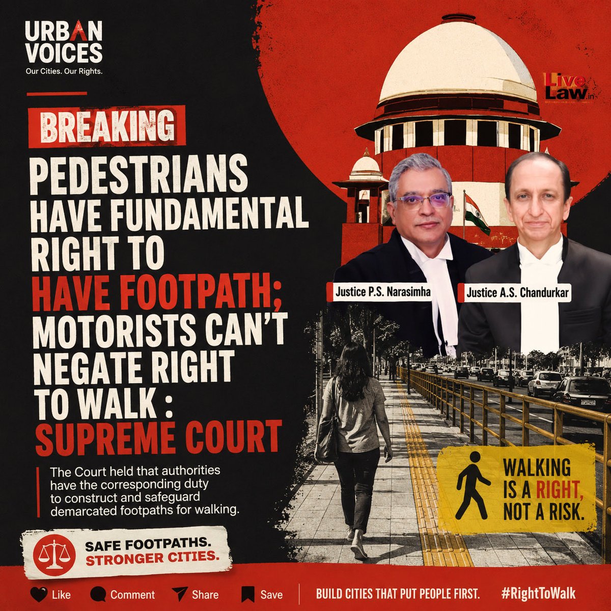 urbanvoicesin's tweet photo. BREAKING: Walking is a fundamental right. Footpaths are not a privilege.

In a landmark observation, the Supreme Court has reaffirmed that pedestrians have the right to safe and accessible footpaths, and motorists cannot override citizens’ right to walk. https://t.co/QLR2IKmH60