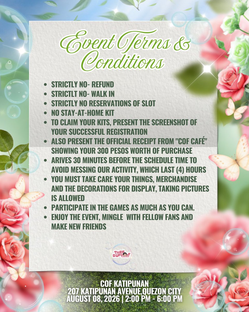 Thee_ThiratiPH's tweet photo. 🌸✨ FROM BUD TO BLOOM ✨🌸
THIRATI'S 21ST GROWTH 

A journey of growth, memories, and countless moments worth celebrating. 🌷💚

To all successful registrants, this is your friendly reminder to review our Event Terms & Conditions before the event. Your cooperation helps us create a fun, smooth, and memorable experience for everyone.
Please take note of the event guidelines, requirements, and important reminders to avoid any inconvenience on the day of the event. We highly appreciate your understanding and support in helping us maintain an organized and enjoyable gathering for all attendees.
We're excited to meet you, share unforgettable moments, and make new memories together. See you on August 8! 🌸

Let’s bloom together, celebrate together, and create memories that will last long after the flowers fade. 🌷💚✨

#tthi_eks
#TheeSupportPH
#TheArtOfBloom
#Thirati21BirthdayPH