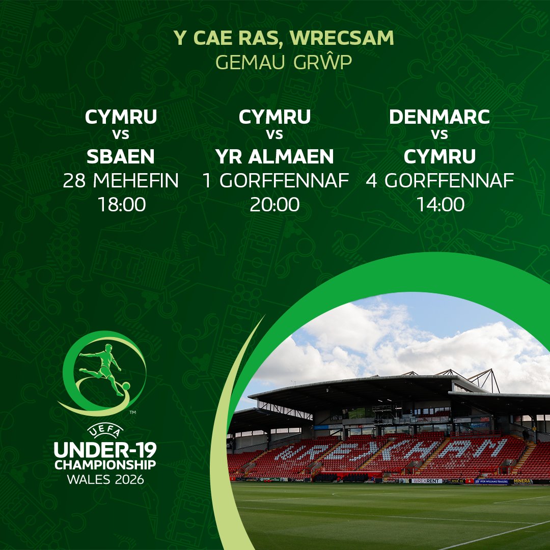 cbswrecsam's tweet photo. Pencampwriaeth dan 19 oed yn Wrecsam...
Y Cae Ras Wrecsam

Cymru v Sbaen 28 Mehefin 6yp
Cymru v Yr Almaen 1 Gorffennaf 8yp
Denmarc v Cymru 4 Gorffennaf 2yp https://t.co/okCDWMW53E