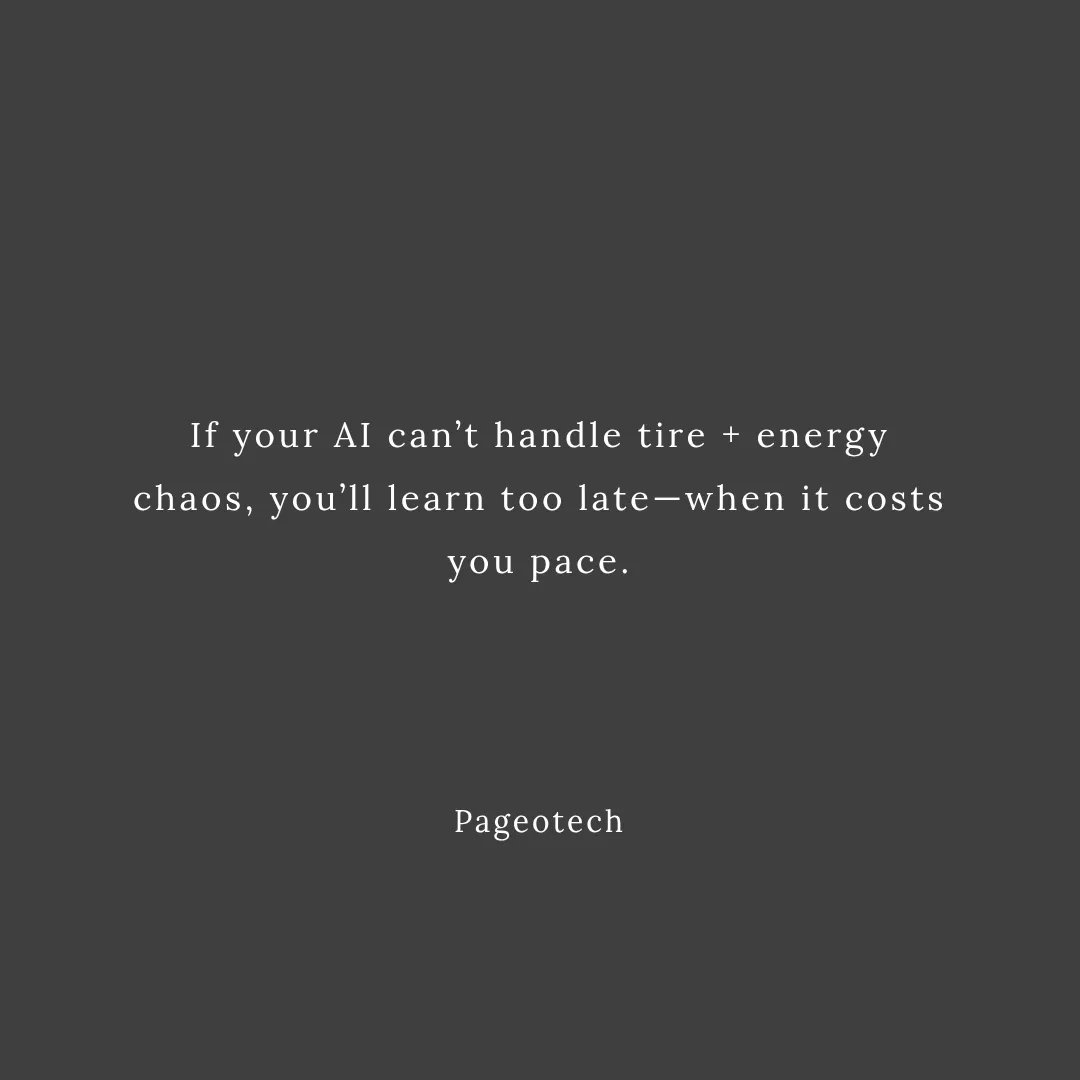 PageoTech's tweet photo. If your model can’t survive a pit-lane failure, it’s not a race strategy—it’s a demo. Endurance racing is where AI-driven tire management and energy deployment get stress-tested for real. Not in clean lab conditions. Your predictions will see: sensor drift, heat soak, vibration, https://t.co/WrzFcZLhRA