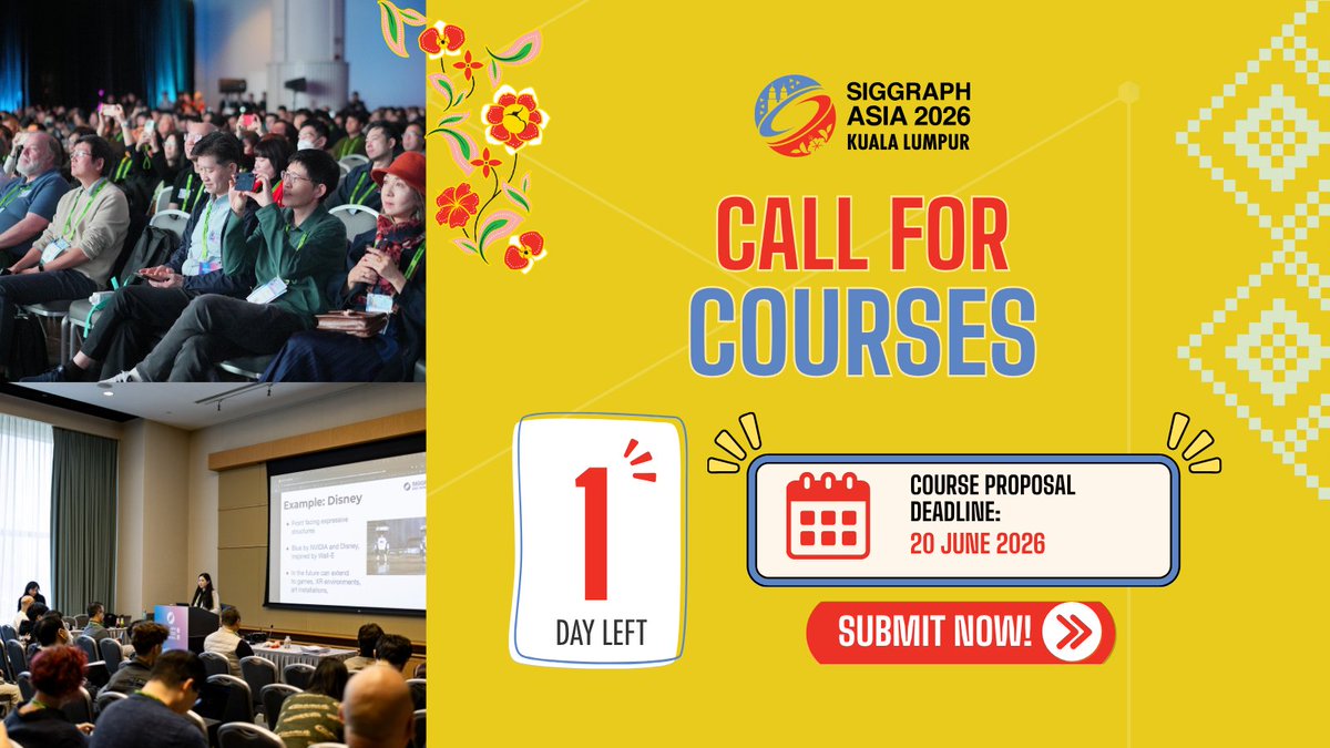 SIGGRAPHAsia's tweet photo. 🎬 Your next animation deserves the spotlight.

The Computer Animation Festival at SIGGRAPH Asia 2026 is now accepting submissions!
🔗 https://t.co/11l7SrnFvA

#SIGGRAPHAsia2026 #SIGGRAPHAsia #SAcaf #Animation https://t.co/KNgc8w73h3