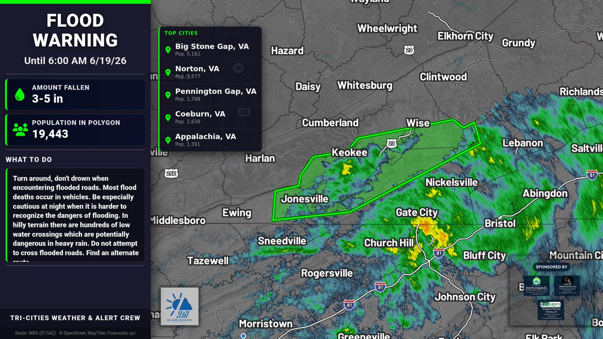 wxnotifications's tweet photo. Flood Warning continues for Lee, Russell, Scott, Wise, and City of Norton until 6:00 AM EDT. Flooding from excessive rainfall is imminent/occurring; rivers and low-water crossings may be inundated. Turn around, don’t drown—avoid flooded roads. https://t.co/SNNdojPoYP