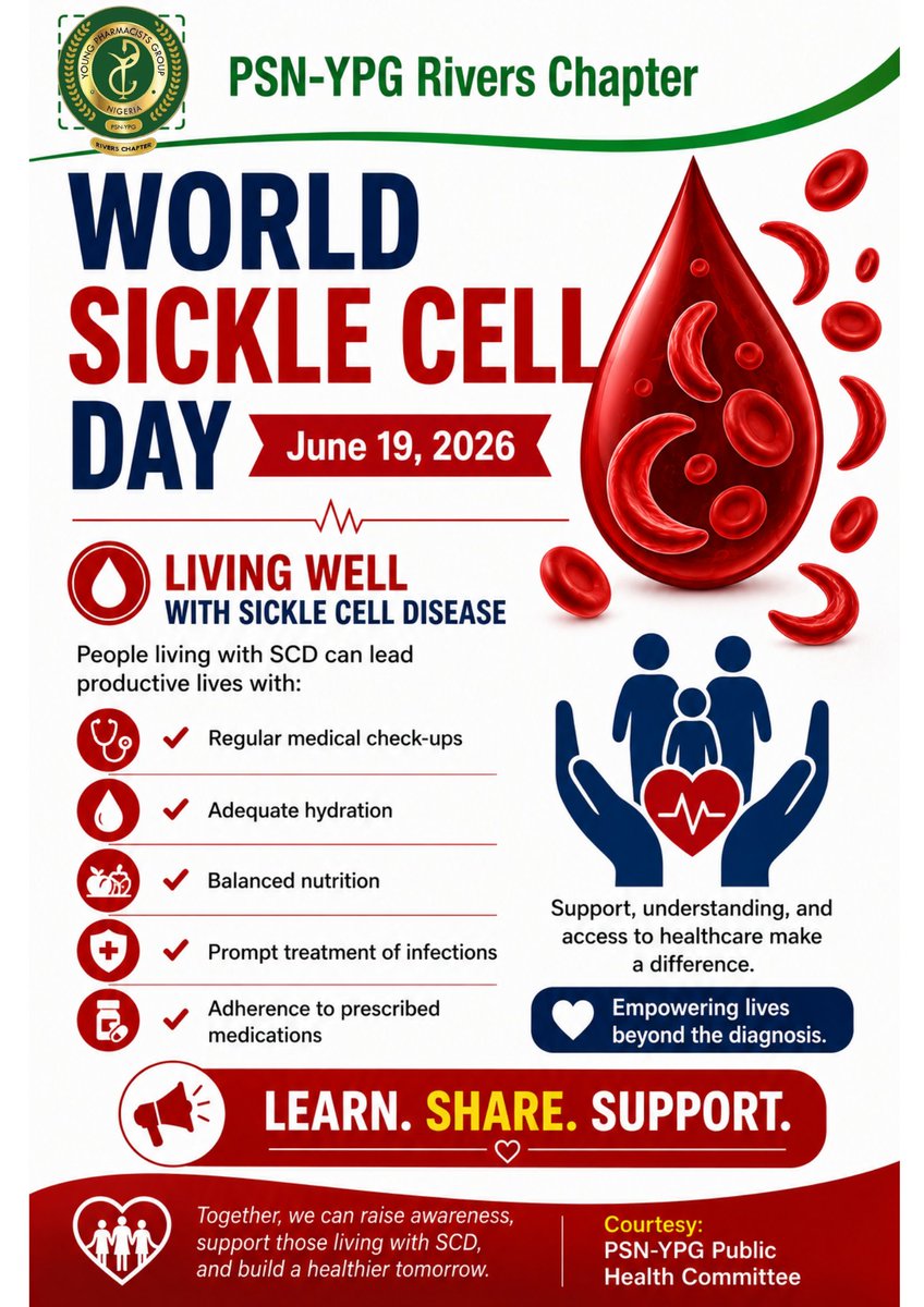 Pharm_Raphael's tweet photo. *LIVING WITH SICKLE CELL DISEASE (SCD)*

Living with sickle cell disease comes with unique challenges, but with proper care, individuals can lead healthy and productive lives. Regular medical check-ups, adequate hydration, a balanced diet, adherence to prescribed medications, and https://t.co/jJEObrkKQY