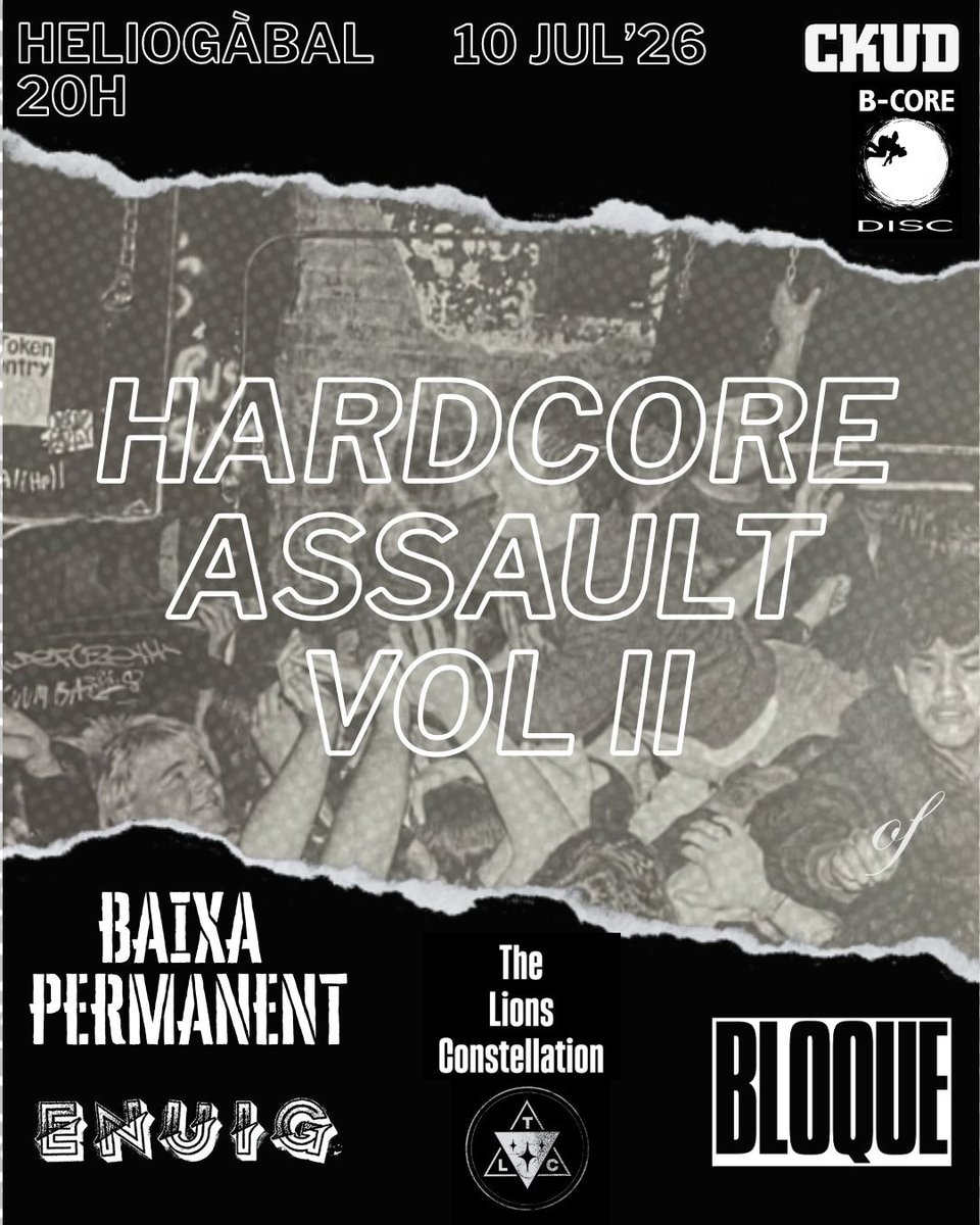 bcoredisc's tweet photo. HARDCORE ASSAULT VOL. II 📷⁣⁣
4 bandes. 1 nit. Zero concessions.⁣⁣
Baixa Permanent, Enuig, The Lions Constellation i Bloque prendran l'Heliogàbal el 10 de juliol.⁣⁣

📷 Aconsegueix la teva entrada anticipada abans que s'esgotin https://t.co/WpIT1DUrw3 https://t.co/q8SQ67aT84