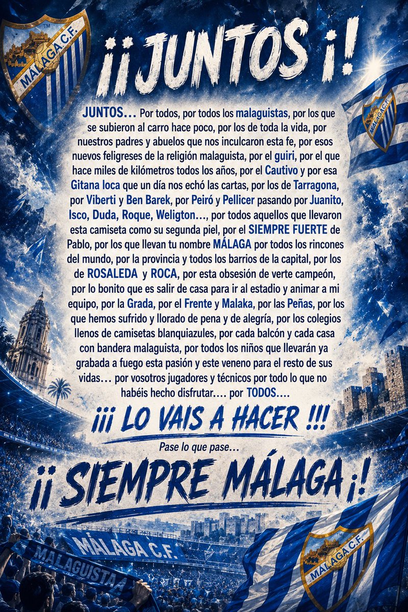 PMLGmanilva's tweet photo. ¡¡ JUNTOS !! Por TODOS!!! Siempre a vuestro lado, siempre con vosotros. Lo vais a Hacer!!! Pase lo que pase ¡¡ SIEMPRE @MalagaCF !! https://t.co/5UyGQUwloO