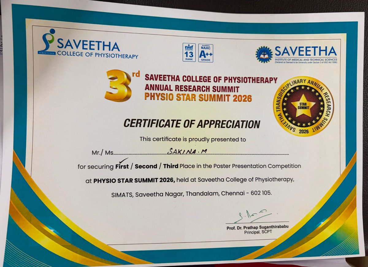 Scpt_official's tweet photo. Congratulations to Sakina m 2nd Year Under Graduate, SaveethaCollege of Physiotherapy , on achieving first Prize in the poster presentation at the 3rd Health Sciences Star summit 

Special thanks to Dr.Praveenkumar Rajendran for the invaluable mentorship.
#SCPT # SDG #SDG 4 https://t.co/99myH0keDB