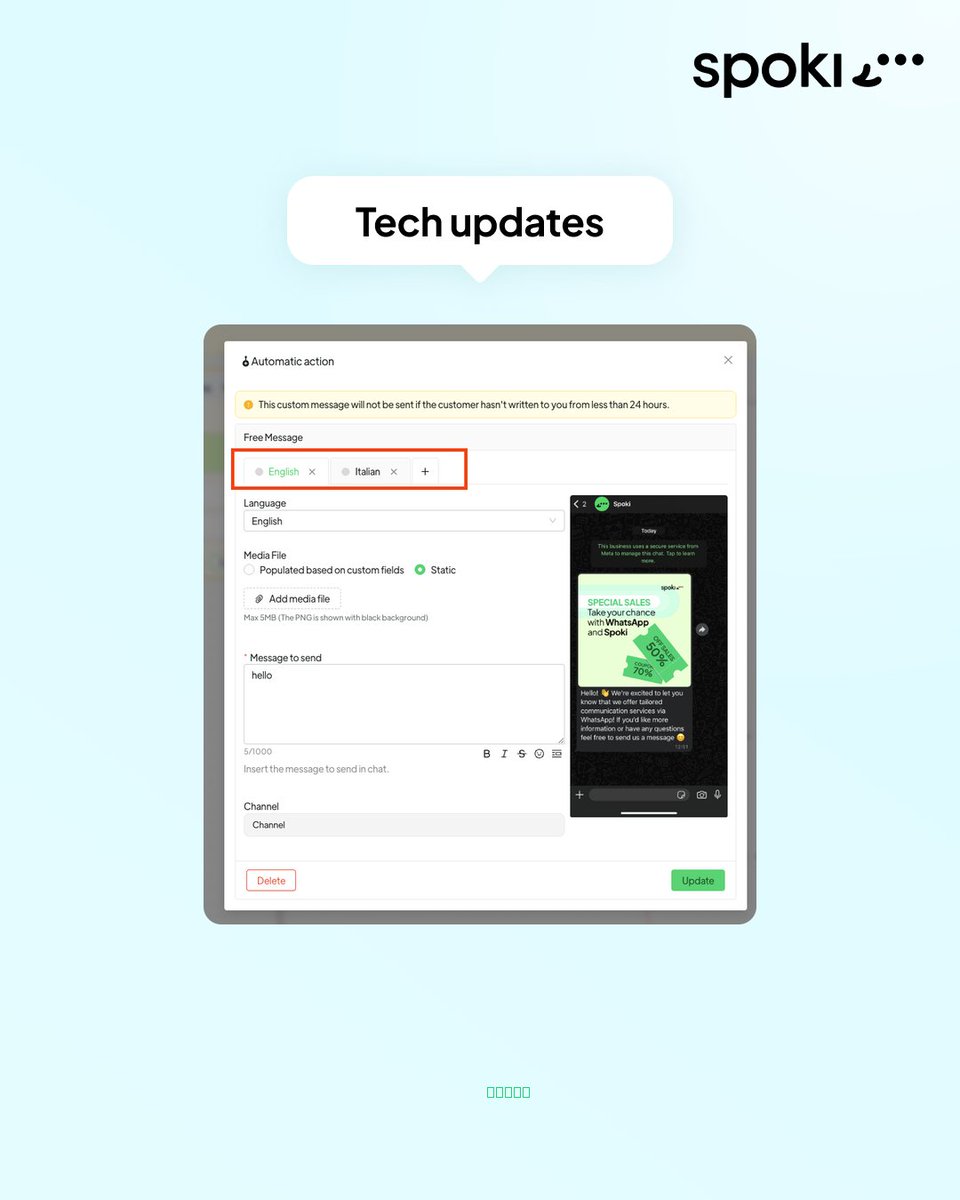 Spokiapp's tweet photo. Spoki automations can now speak each contact's language. Add multiple language versions to Free Message, Interactive Message, List Message, and SMS steps, eliminating the need to duplicate entire automations. Deliver the right language to every customer with no extra work. https://t.co/MBPUpjILhs