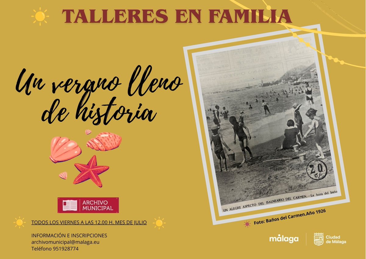 ArchivoMalaga's tweet photo. ¿Os gustaría conocer como se disfrutaba del verano en Málaga hace algunos siglos? 
En el mes de julio hemos  preparado unos talleres para toda la familia   con la  historia más" refrescante" de nuestra ciudad.
Información y reservas👇👇
archivomunicipal@malaga.eu 
Tfo: 952928774 https://t.co/EPQwAgxLTV