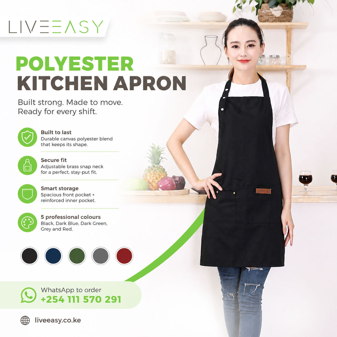 LiveEasyKe's tweet photo. A good apron takes daily punishment without showing it, and this canvas polyester blend does exactly that. The structured fabric holds its shape through long kitchen sessions while the brass snap neck adjustment means you are not fumbling with ties every time.

⦿ Built to Last Through Heavy Use. The canvas polyester blend gives this apron the rigidity of canvas with the easier-care properties of polyester. It resists stretching, holds its structure after repeated washing, and does not go limp after a few months of regular service. At 70x70cm, it provides solid front coverage.
⦿ Stays in Place Without Constant Readjusting. The neck strap fastens with brass snap buttons positioned at multiple points along the strap, so you set your fit once and it holds. No sliding, no re-knotting mid-service. The waist ties secure everything in place without bulk.
⦿ Pockets That Actually Hold Things. The centre front pocket is wide enough for an order pad, a phone, or folded service slips. A smaller reinforced inner pocket with brass stud detailing sits above it for pens or a bottle opener. Nothing flaps loose or falls out when you move.
⦿ A Clean, Professional Look Across All Five Colours. Available in black, dark blue, dark green, grey, and red, each colour is deep and consistent.
⦿ Comfortable Across a Full Shift. The fabric is substantial without being stiff, so movement stays unobstructed whether you are at the pass or working a grill station.